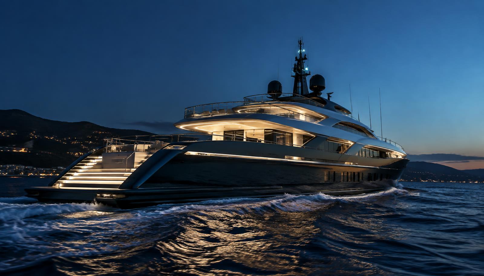 Design visual of a superyacht cruising at blue hour with cool white light lines on its decks