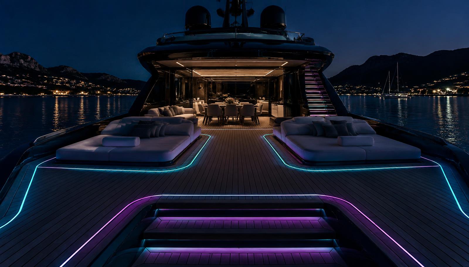 Design visual of a superyacht aft deck with turquoise and violet light lines integrated into the deck