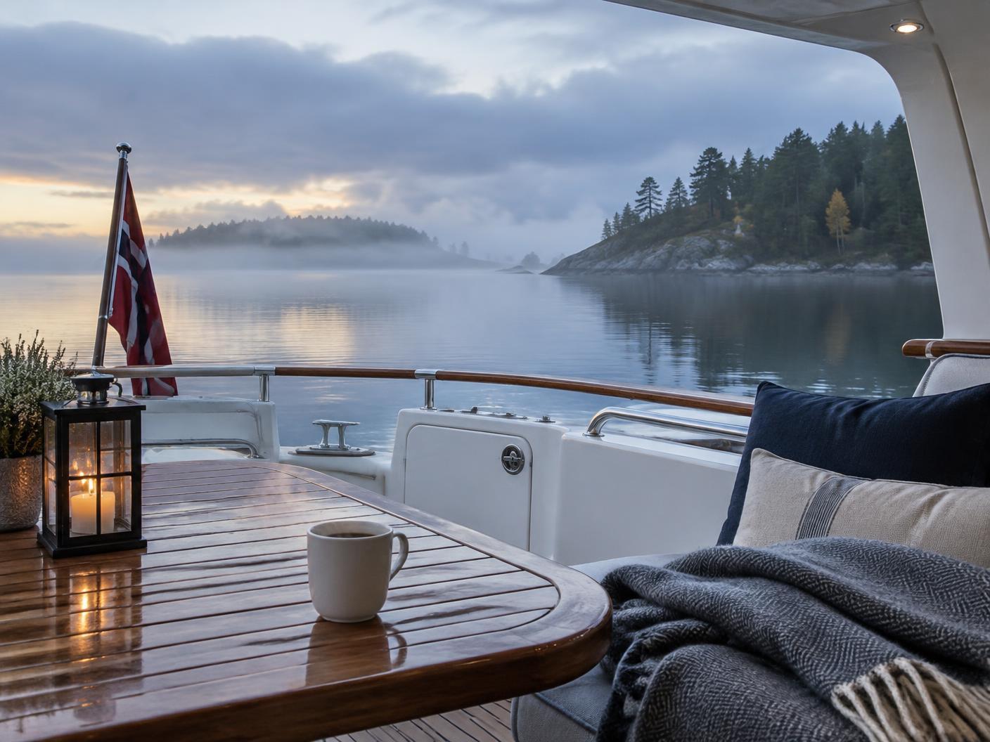 Design visual of a yacht aft deck on a misty fall morning with coffee and a wool blanket