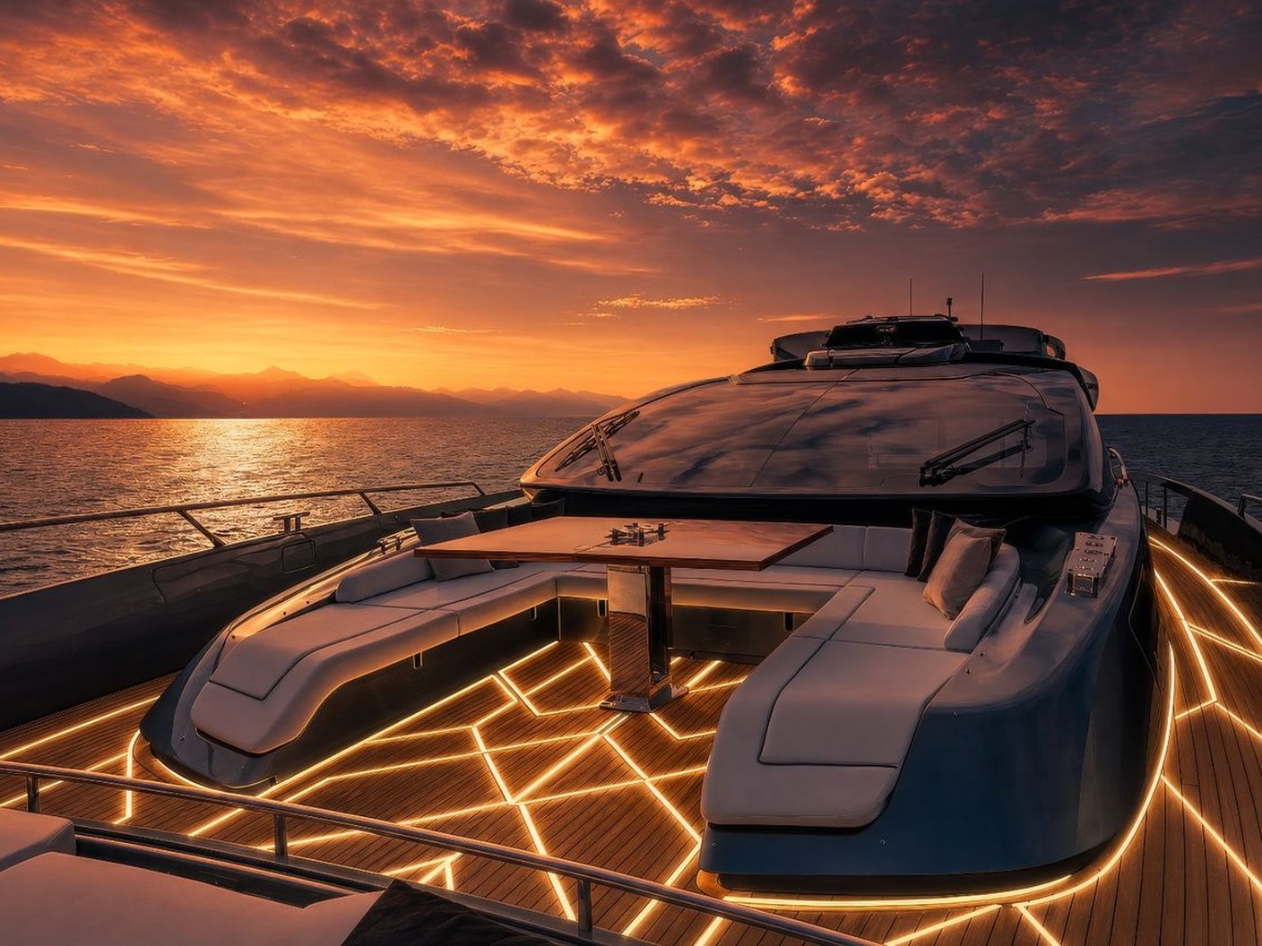 Design visual of a bathing platform with warm white contour lines and a monogram lit within the deck