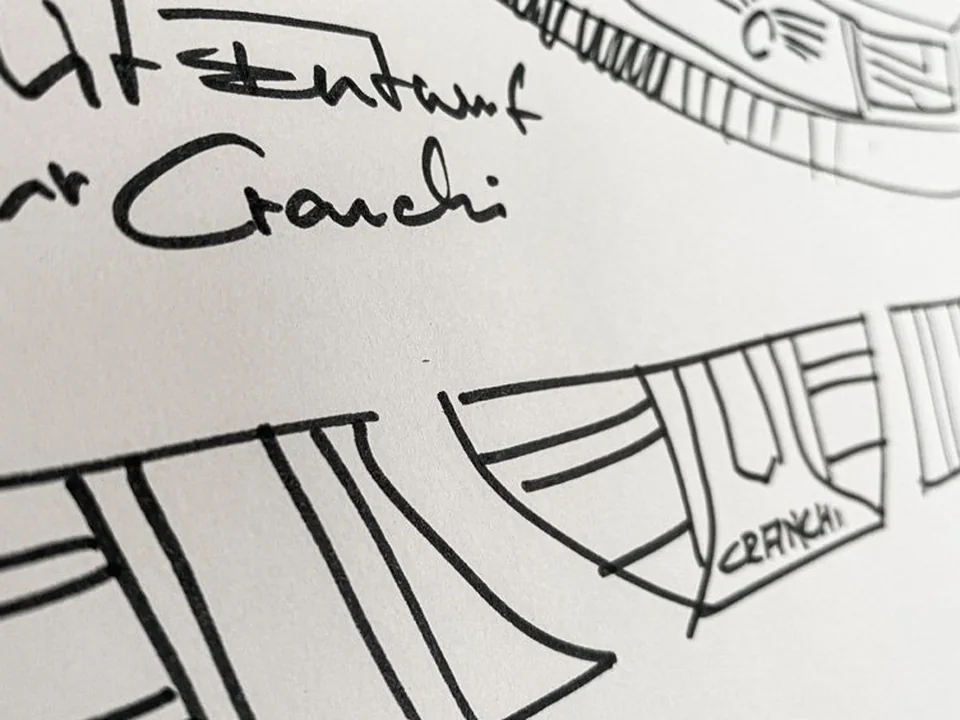 Hand-drawn DEXLIT design sketches of a deck light pattern for a Cranchi yacht